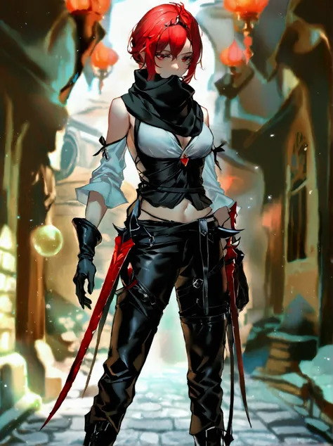 A 20-year-A thief gilr with short scarlet red hair, dressed in black medieval-style pants, black boots, and a white blouse. black and brown scarf that covers part of her mouth and carries two black daggers with red accents. Ensure sharp details in the dagg...