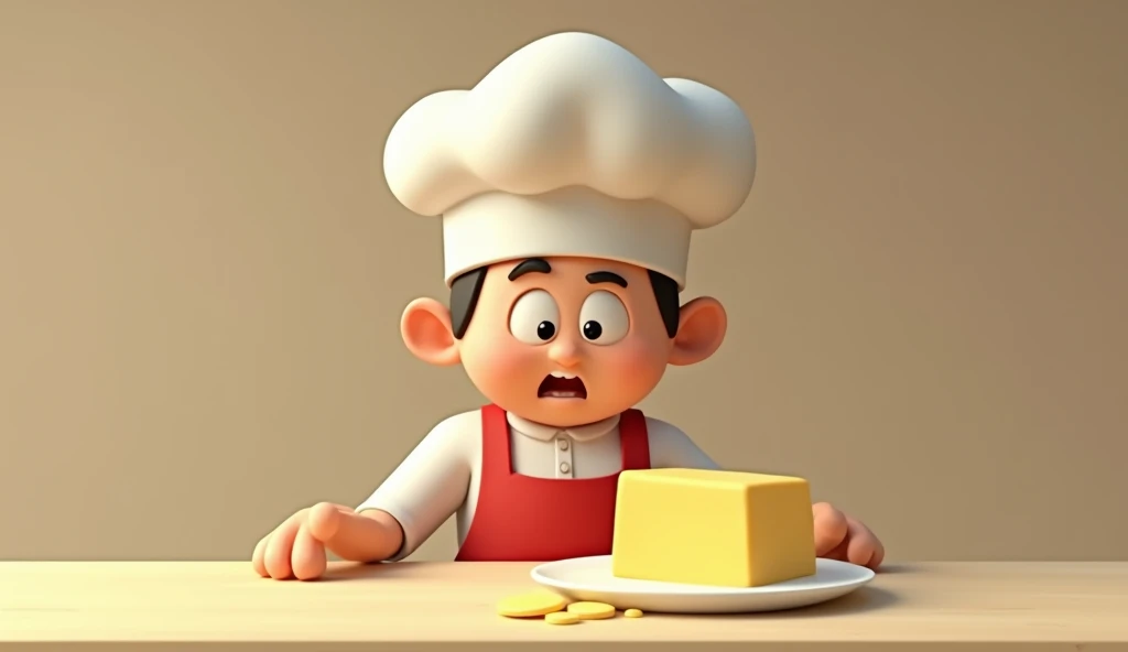 Draw a 3D cartoon, 16:9 ratio with the following content:
Image of a middle-aged baker wearing a chefs hat. The bakers face changes from tense to surprised. He stands up straight, his eyes full of surprise and a little shame. He is looking at the piece of ...