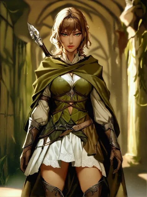 Huntress girl light brown hair, wearing an olive green asymmetrical medieval-style skirt, brown knee-high boots, and a white blouse has a short olive-green shawl with intricate details in the fabric. brown gloves and a bow, ready for battle. clothing and b...