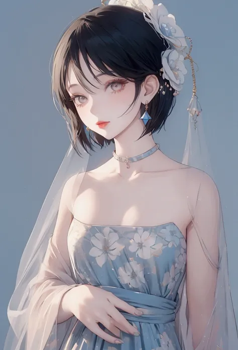 2D, NSFW, pastel color, watercolor paiting, 
linear art, 
ankymoore, 1girl in, Solo, Inner bob cut hair, Simple background, Black hair, Dress, Simple gold ring earrings with the same design on both ears, Upper body, flower, earrings, dull black eyes, Pale ...