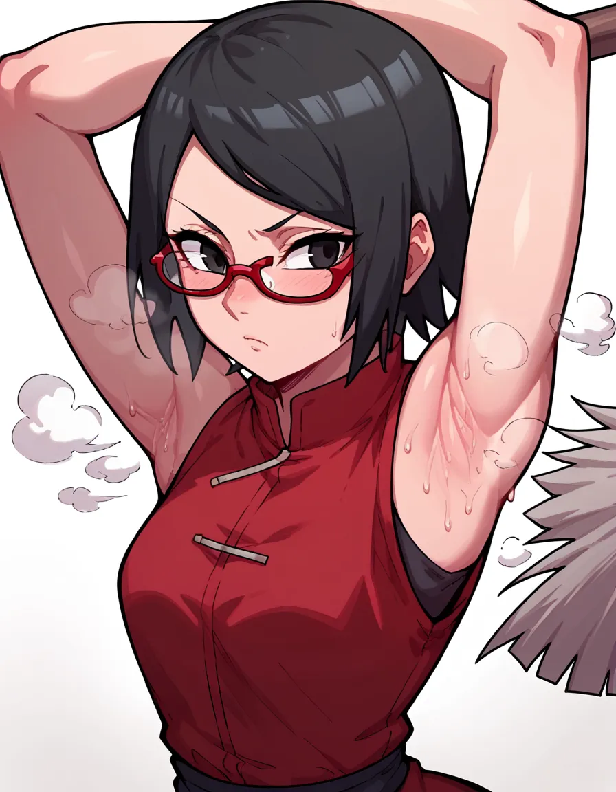 anime art style,sarada uchiha,  short hair,  black hair , (black eyes:1.5), red-rimmed glasses, glasses,  sweep bang,(armpit:1.3...