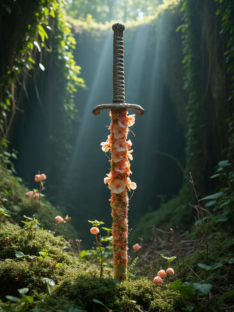 katana made of flower and surrounded by ivy, all materials is flower, high detail , the background is surounded by ivy and a lot...