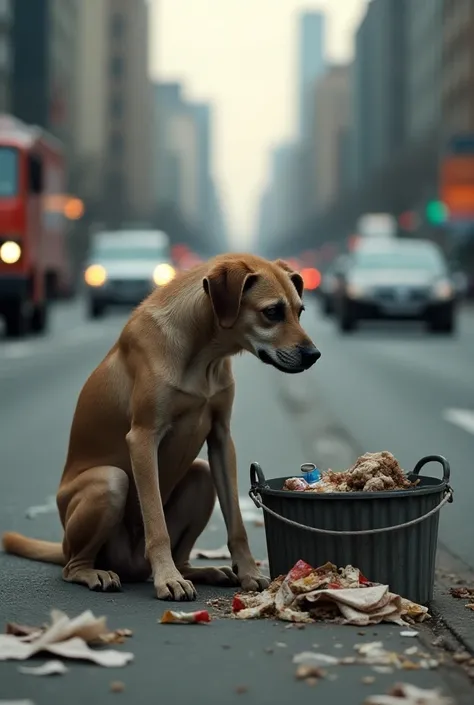 A homeless dog, sit on road site, traffic on road , a dog very scared and unhappy , dog very poor , who eating in dustbin garbage 