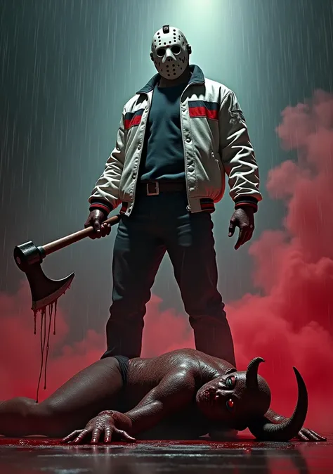 (Photorealism:1.2),  Jason Voorhees wearing a white jacket with red white black stripes ,  with an axe in his hand defeating and stepping on the head of an almost dead demon on the ground, with wounds and blood ,  horns and red eyes defeated . rainy night,...