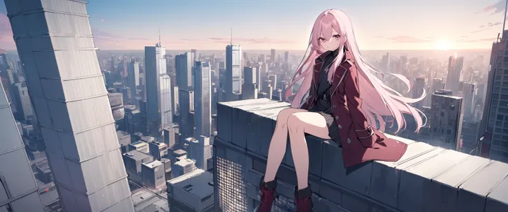 long straight hair, light pink hair, teen girl, full body, sitting on rooftop, on skyscraper, wearing coat, long coat, burgundry coat, rose eyes, looking at horizon