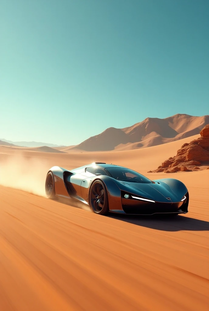 A bobsup car
In a desert landscape

