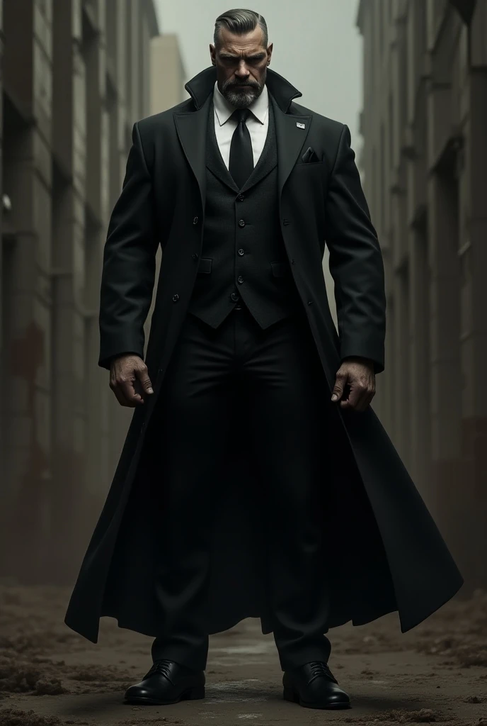 Image of a characteristic villain, imposing, muscular, dark, USA, in stylish attire, amazes me.