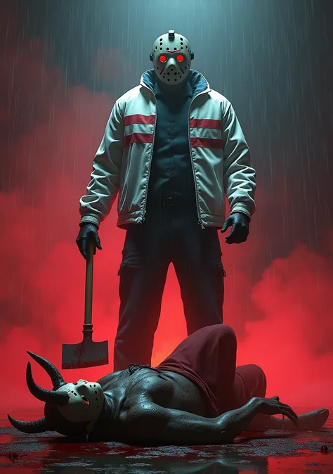 (Photorealism:1.2),  Jason Voorhees wearing a white jacket with red white black stripes ,  with an axe in his hand defeating and stepping on the head of an almost dead demon on the ground, with wounds and blood ,  horns and red eyes defeated . rainy night,...