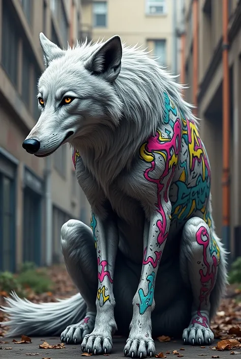 Silver wolf with graffiti with the name Ayukii