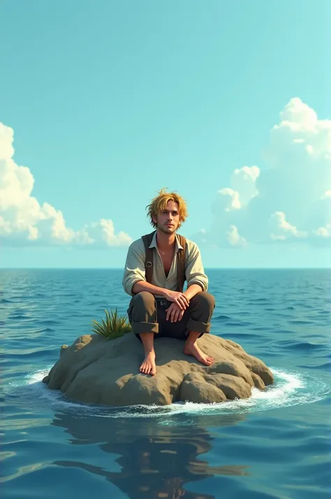 Cell-shaded volumetric 3D render of a stranded blonde man sitting on a small island in the middle of the ocean.