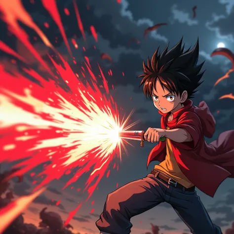 a boy and a girl, one piece, rwby, luffy, (firing a red hawk), frowning, cinder fall (attacking with her swords), detailed, night environment, fight, high quality, (best quality,4k,8k,highres,masterpiece:1.2),ultra-detailed,(realistic,photorealistic,photo-...