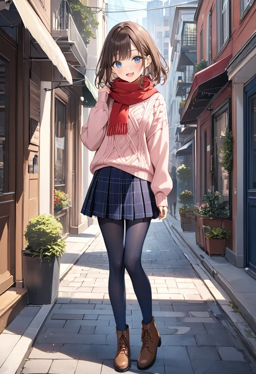 masterpiece, Best Quality,  Thin legs,  Beautiful Details , Fine texture, Fine skin,  1 girl,  Expressive Blue Eyes ,  small breasts,  Brown Hair,  medium hair , bangs, smile, blush, open mouth,  casual,  pink knitted sweater,  red scarf, navy blue plaid p...