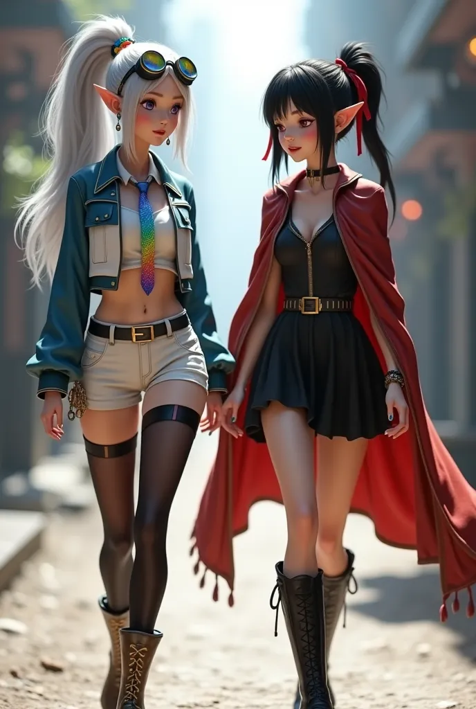 super realistic illustration, detailed fantasy art, cinema 4d rendering. 2 cute ladies, full body, they are waiking toward the c...