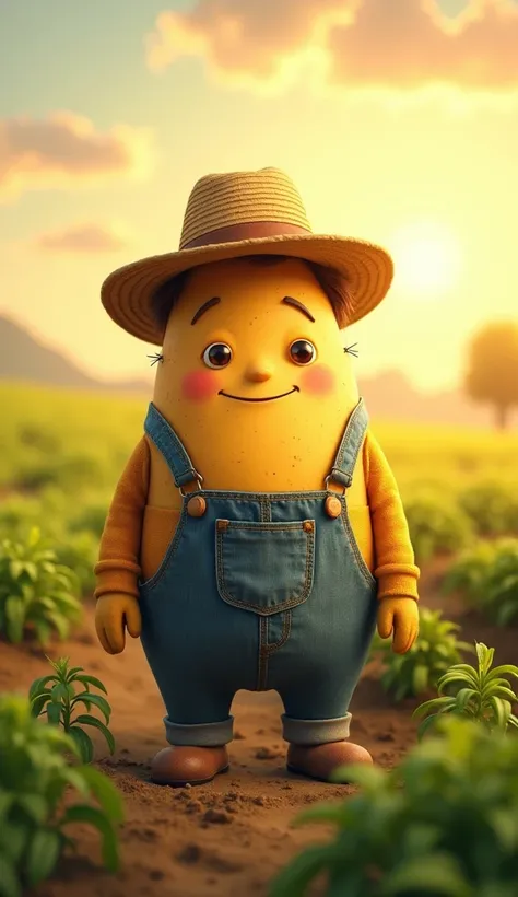 Potato Farmer (Face-to-Face View)
"A face-to-face view of a potato-shaped character with a round, earthy face, small eyes, and a gentle smile. Wearing overalls and a straw hat, this potato farmer stands in an open field of crops, with the warm sun shining ...