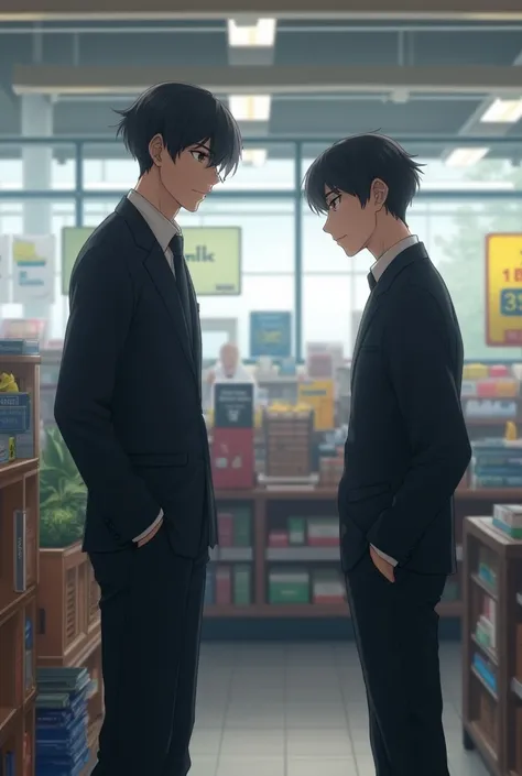 A Walmart manager is hiring cashiers，The cash register in the background，Two people meet and talk face to face，Realistic anime style,10 Feet Tall short black Haired Anime Boy with black eyes wearing a black Gakuran Outfit 