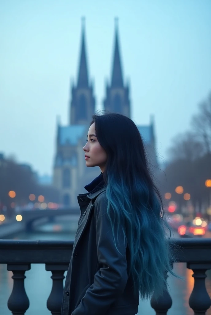 girl in the 20, European girl, long hair black and blue, casual clothe, blue morning sky, on a bridge of Paris, Cathedral in the horizon