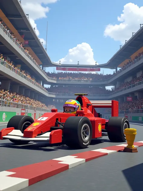 IMG_2384.CR2: Full Minecraft style, pixel art, 4-bit color palette, immersive Formula 1 scene with a Ferrari F1 car. The car is designed with blocky, pixelated red blocks, including a visible cockpit where the driver, inspired by Lewis Hamilton, wears a pi...