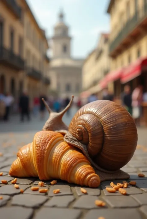 a croissant in front of a large snail on the plaza, a croissant on the left, a snail on the right
