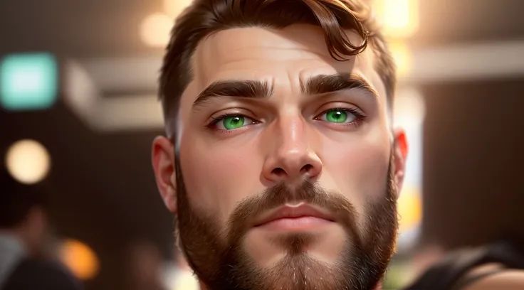   he has a striking appearance with a trimmed beard That contours your face,  giving it a relaxed look .  His green eyes convey a light and observant expression ,  hair is short ,  in a brown tone ,  and the cut is degrade ^}And razor ,  with shorter orien...