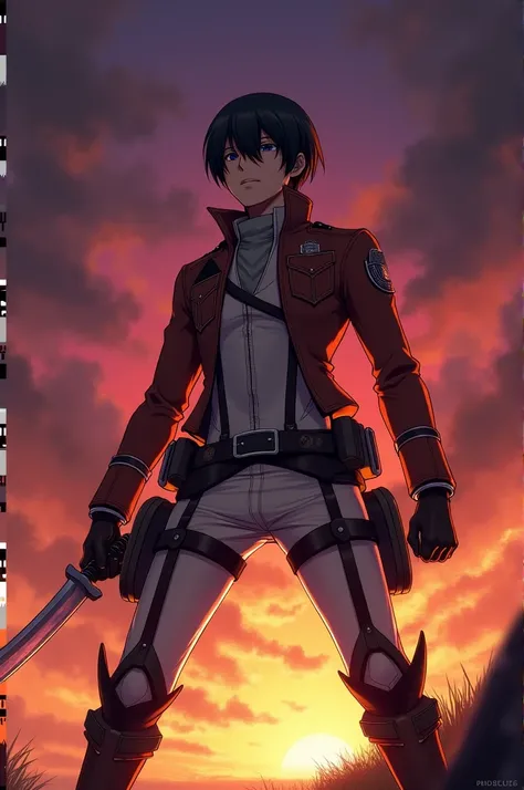 Anime Levi about attack on the Titans in war position with a background in purple and orange tones 