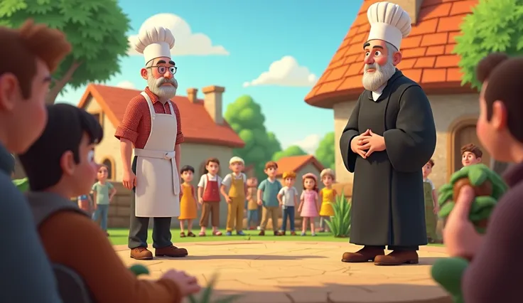 Draw a 3D cartoon, 16:9 ratio with the following content:
Scene in the middle of the village
The middle-aged baker in a chefs hat is standing in front of the judge and the farmer. He straightens up, his eyes full of surprise and a little shame. The baker b...