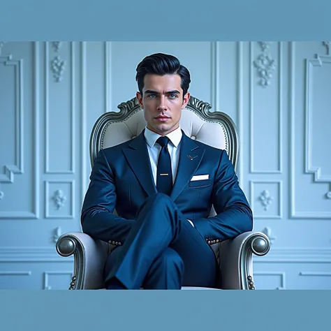 Handsome young man with black hair and blue eyes sitting in an elegant chair in a luxurious office with imposing posture and dressed in an elegant suit 