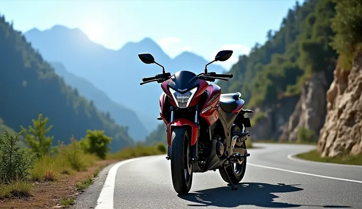 All new  Bajaj Pulsar N 125 showing  front abd side view on mountain giving beautiful view HD