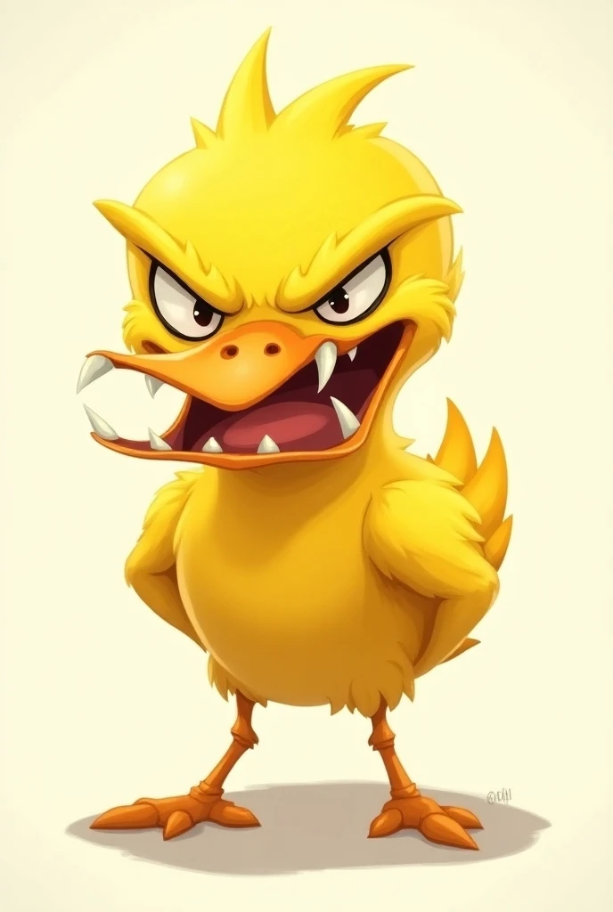 Angry animated yellow Watbird with white fangs 