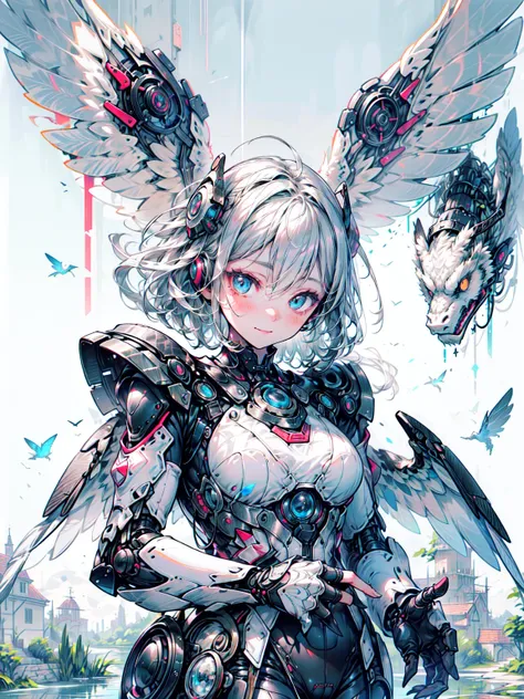 (Fluffy, Transparent white outfit:1.3, ),( an angel with glass wings floats in the lake :1.3), (The dragon that protects the girl behind it :1.3),  short hair with shiny light brown and orange stripes, cute smile, perfect round face,A bright smile that mak...