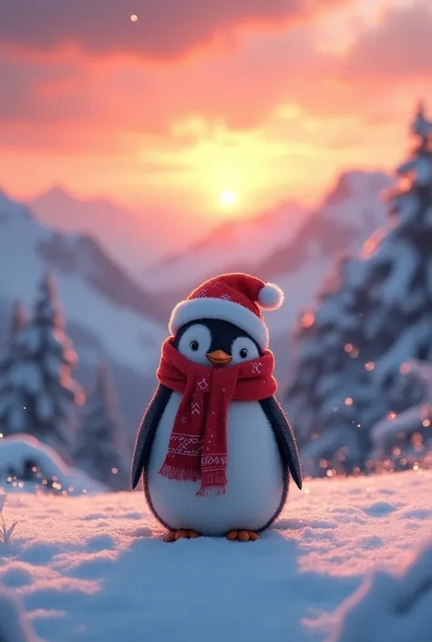 Christmas penguin admiring the sunset landscape