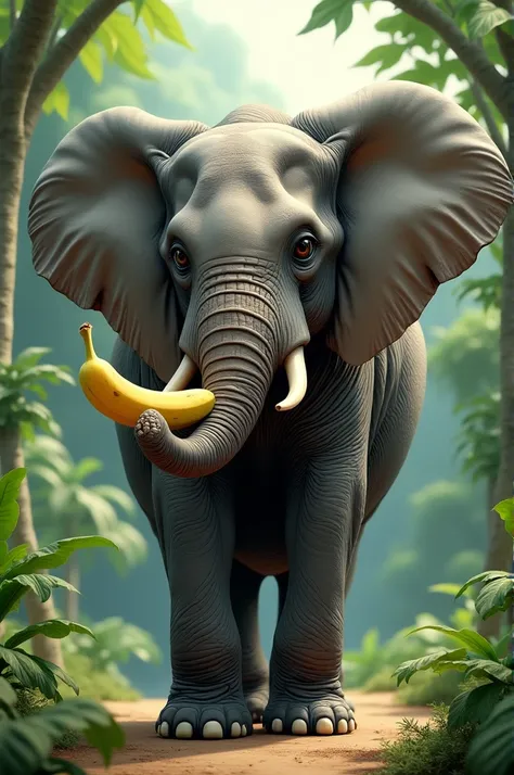 A elephant eating banana