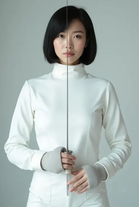 live-action、 real、arafed woman in white fencing outfit holding a sword, , fencing, Have an Epee,  wearing white leotards , Sleek white dress formal attire , , Wearing a tracksuit,  beautiful Japanese woman、Black Hair、 short bob、Pants、 wearing a track and f...