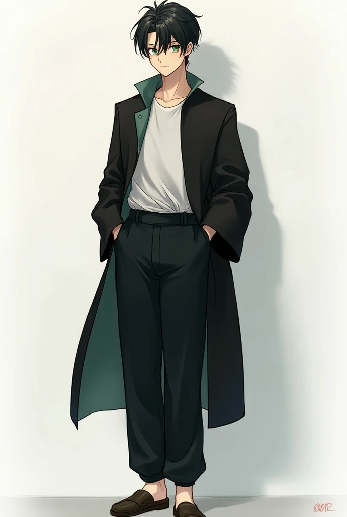 handsome, 1 male,  short black hair , green iris , Black tangshan lining, black wide sleeve jacket，Loose trousers，slippers， anime style
