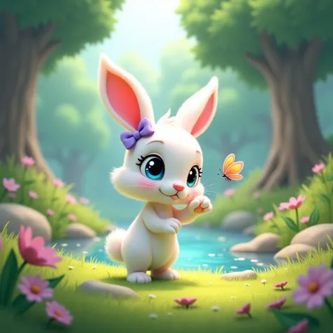 :A cute 3D cartoon female rabbit character named Luna, with soft white fur, big round sparkling blue eyes, and a small pink nose. Luna wears a small lavender bow on one ear, giving her a mischievous and sweet appearance. She is now standing on her hind leg...