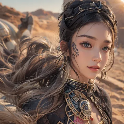 Hiding in the desert、Hair flow、 (( Best Quality、masterpiece、8k、Best Quality、   Ultra High Definition  、Award-winning works)、( accurate anatomy:1.1)、( Look at me and smile :1.1)、Shining fair skin with    Ultra High Definition  、The most beautiful face、   Ul...