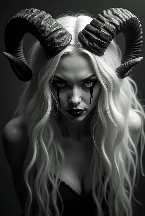 "Create a haunting black-and-white image of a demonic woman with a pale, intense stare. She has long, wavy platinum blonde hair cascading around her face and wears large, textured ram horns that curl outwards from her head, adding a menacing, otherworldly ...