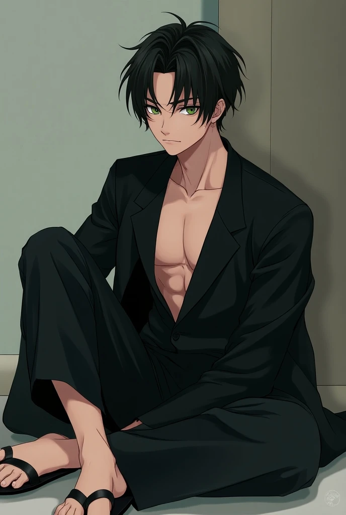 handsome, 1 male,  short black hair , green iris , Black tangshan lining,  black wide sleeve jacket，Loose trousers，slippers， anime style，tall
