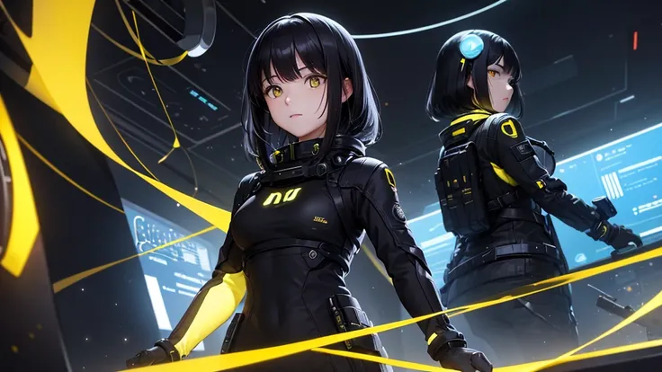 from future intelligence, technology background, complex mission, sudden mystery, unexpected result, unknown variables, strange data, confident look, space black pioneer dress, yellow eyes, black hair