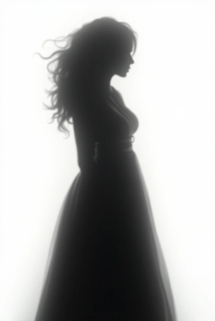  a shadow of a sad or fallen woman .   the womans full body must appear , standing, head on.  you should see only the silhouette with black padding. The background of the figure must be white . Make it look good in HD