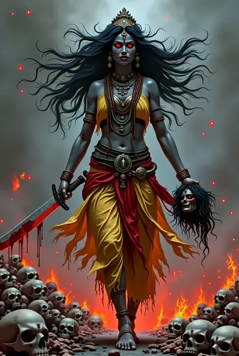 Create a powerful, intense illustration of the Hindu goddess Kali. She is depicted with a fierce expression, dark blue-gray skin, long flowing black hair, and glowing red eyes. Kali wears traditional jewelry, including layered necklaces, bracelets, and arm...