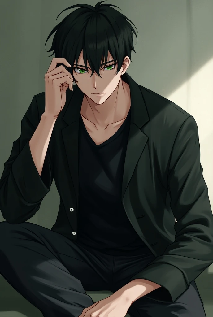 handsome, 1 male,  short black hair , green iris , Black tangshan lining,  black wide sleeve jacket，Loose trousers，slippers， anime style，tall
