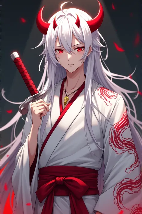 Anime boy with long white hair, red demon horns, blood red eyes, wearing a white kimono with red waves, wearing a necklace, a blood red sword pinned to his waist, a gold pendant necklace, and Japanese sandals.