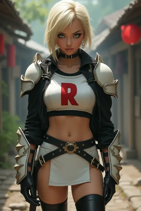 1 female, 18 years old, wearing white crop top armor over a black shirt. White miniskirt, long black thigh high stockings, heel boots. green eyes, short blonde hair, thick black eyeliner. Red R on center of chest.