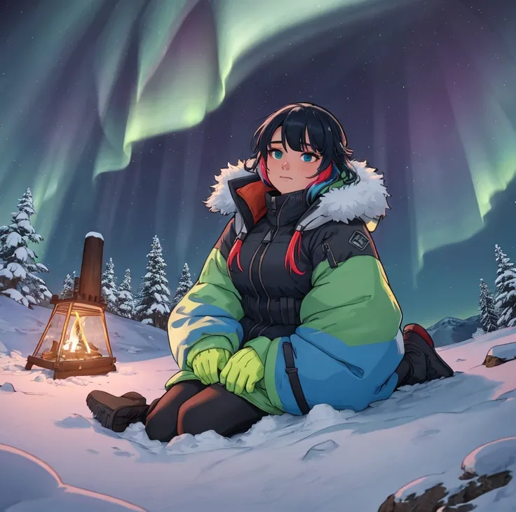 "A young woman sits alone by a campfire on a snowy mountain peak at night, looking up at the night sky illuminated by a vibrant aurora. She’s wrapped in a thick jacket, her breath visible in the cold air, surrounded by snow-covered rocks. The peaceful scen...