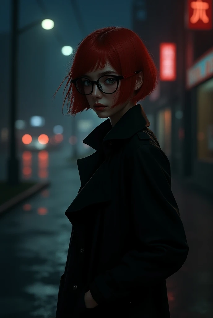 A girl with short red hair cut in a square style, wearing glasses and a black raincoat. Standing in a night alley. In the ART noir style