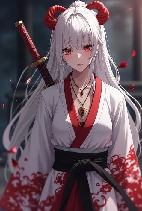 Sexy schoolgirl in martial arts anime Anime boy with long white hair, red demon horns, blood red eyes, wearing a white kimono with red waves, wearing a necklace, a blood red sword pinned to his waist, a gold pendant necklace, and Japanese sandals.