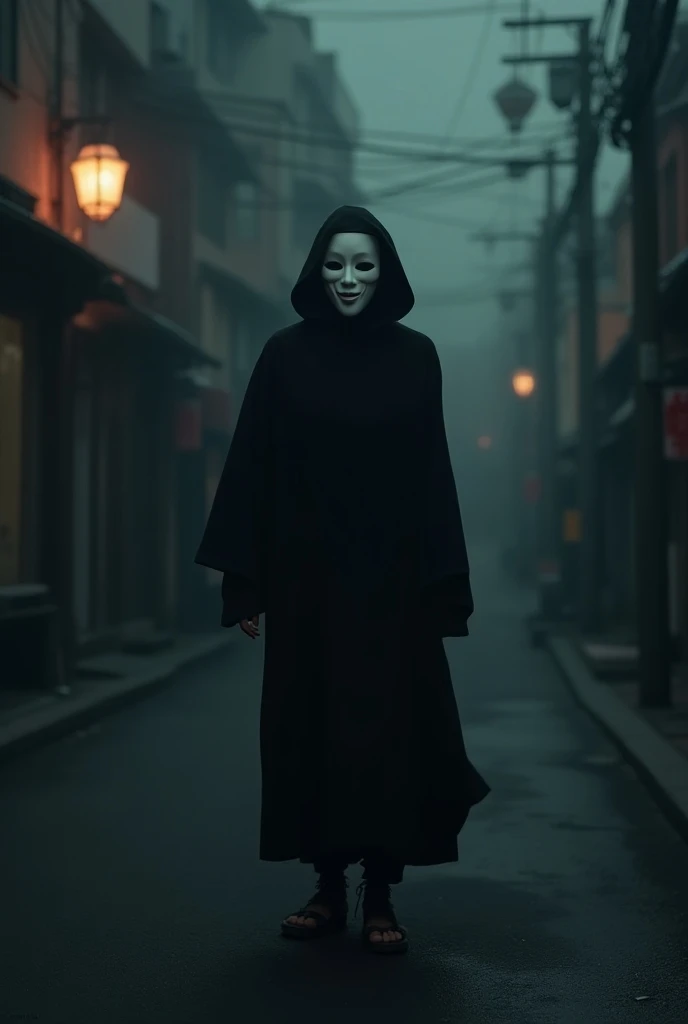  Scary and mysterious image of the shadow of a Japanese woman wearing a white mask, standing on a corner on an empty street in Japan ,  waiting as if you were about to approach someone 