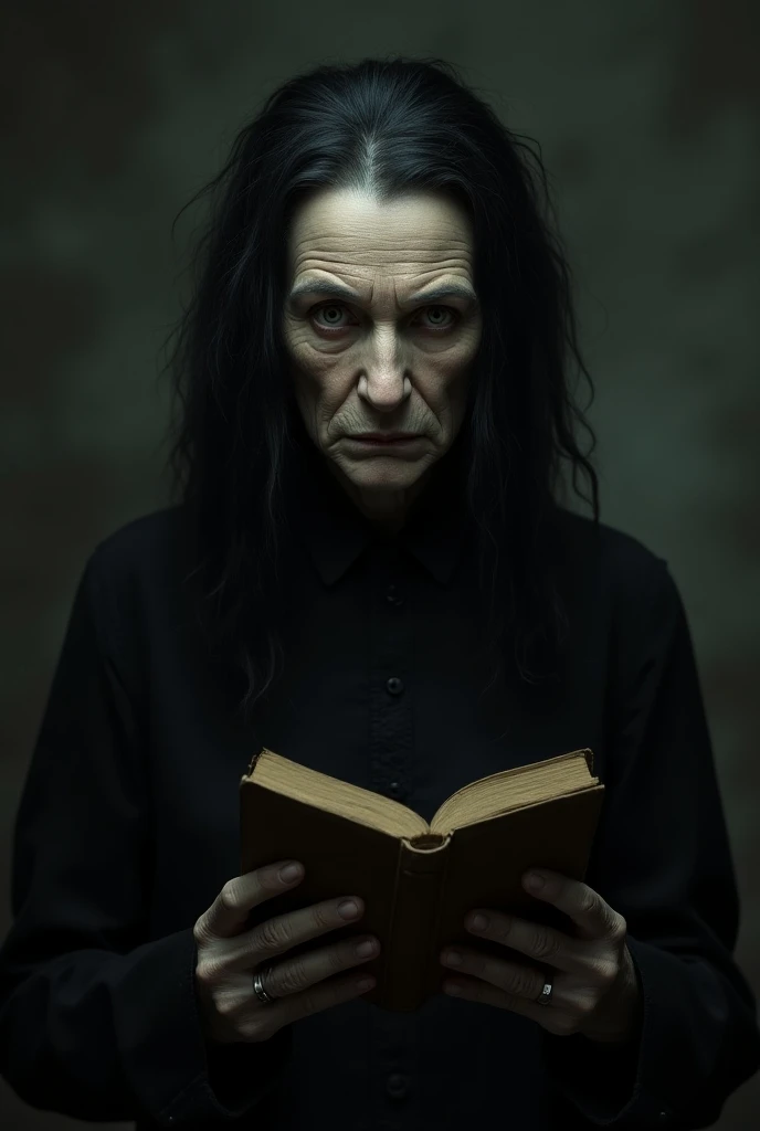 Old female teacher with creepy and creepy black hair with book in her hand 