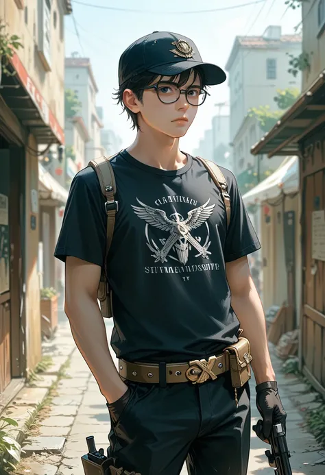  Boy with short dark hair ,  with a black cap with a  "x" in front,  wearing black military pants , slim black t-shirt ,  belt with several pockets ,  weapons in the belt holster ,  a larger gun hanging from the back , black gloves,  dark glasses with yell...