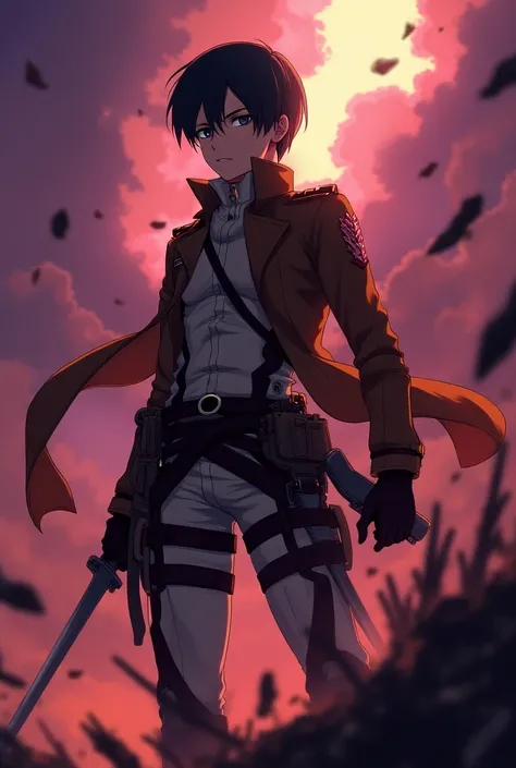 Anime Mataró Levi from attack on the Titans in a war position with a background in purple and orange tones 